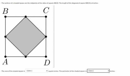 The vertices of a shaded square are the midpoints of the sides of square ABCD. The length of the di