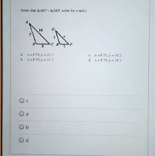 Given that angles ABC ~ DEF, solve for x and y. ​