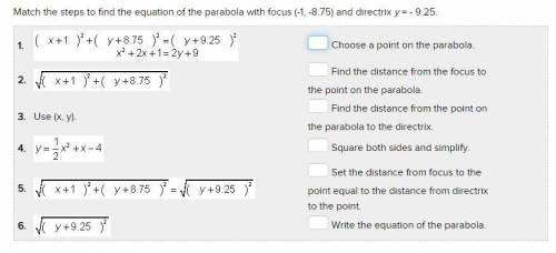 Match the steps to find the equation of the parabola with focus (-1, -8.75) and directrix y = - 9.2