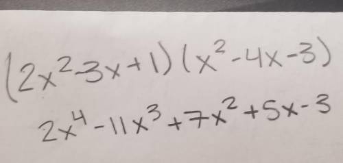 Multiply.

(2x2 – 3x + 1)(x2 - 4x - 3)
O A. 3x2 - 7x-2
O B. 2A - 11x3 + 7x2 + 5x - 3
O C. 2x4 + 12x