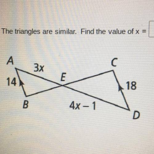 The triangles are similar. Find the value of x =
