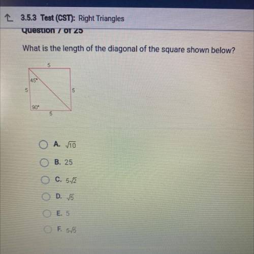 HELP PLEASE ASAP What is the length of the diagonal of the square shown below?