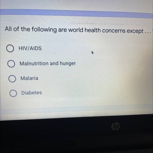 All of the following our world health concerns except.

1.HIV/AIDS
2.Malnutrition and Hunger 3.Mal