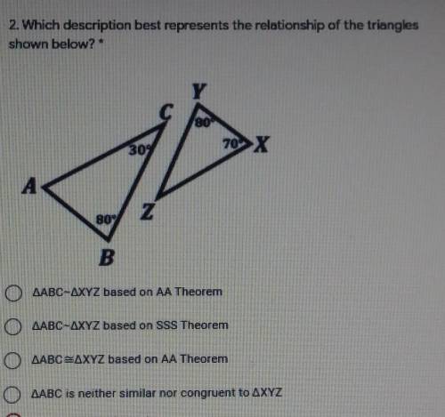 Which description best represents the relationship of the triangles shown below?​