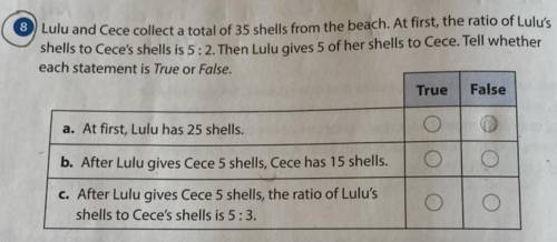 Lulu and Cece collect a total of 35 shells from the beach. At first, the ratio of Lulu's shells to