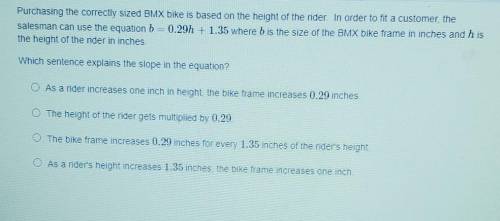Please help me out~

Purchasing the correctly sized BMX bike is based on the height of the rider.