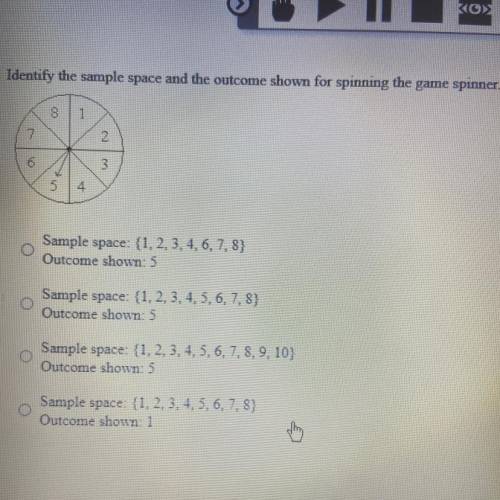 Identify the sample space and the outcome shown for spinning the game spinner.

(Answer Choices in