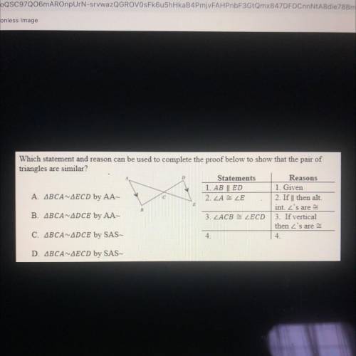 Help plzzz!!

Which statement and reason can be used to complete the proof below to show that the