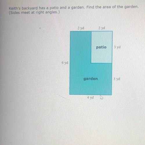 Keith's backyard has a patio and a garden. Find the area of the garden

(Sides meet at right angle