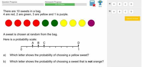 There are 10 sweets in a bag
4 are red, 2 are green, 3 are yellow,1 is purple