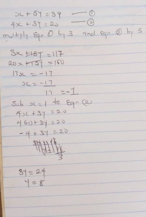 Solve the simultaneous equations:
x + 5y = 39
4x + 3y = 20