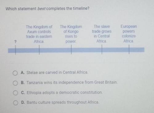 Which statement best completes the timeline?

?The Kingdom of Axum controls trade in easter Africa