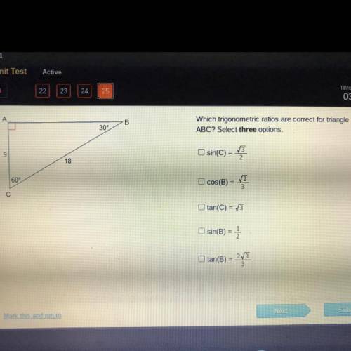 Which trigonometric ratios are correct for triangle ABC? Select three options