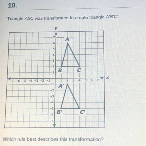 Triangle ABC was transformed to create triangle A'B'C'.

A
-6
-5
-4
IA
-3
B В
с
x
6
-6-5-4-3-2-1
-