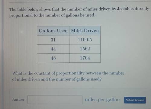 What is the constant porportionality between the number of miles driven and number of gallons used​