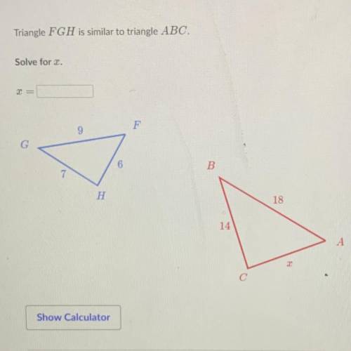 Triangle FGH is similar to triangle ABC. Solve for x