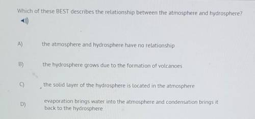 Which of these BEST describes the relationship between the atmosphere and hydrosphere? A) the atmos
