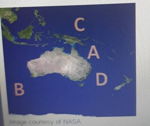 Image courtesy of NASA

Which of the letters on the map above shows the location of the Pacific Oc