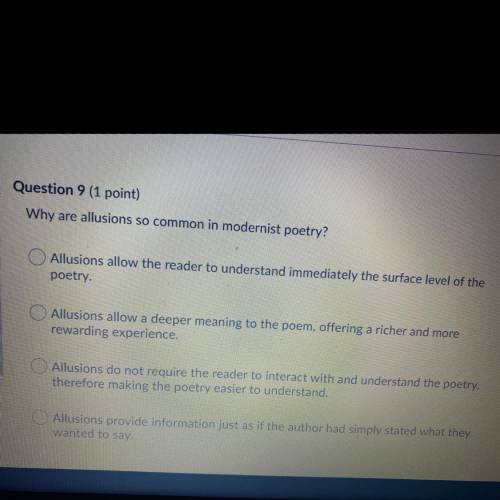 Question 9 (1 point)
Why are allusions so common in modernist poetry?