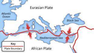 The African plate is moving toward the Eurasian plate at a rate of a few centimeters per

year. Ho