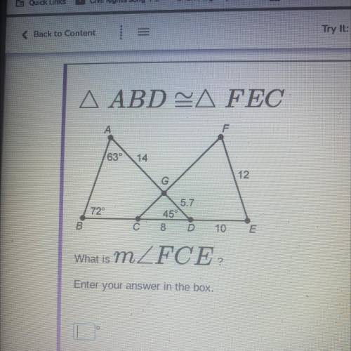 A ABD ZA FEC

F
63°
14
12
G
5.7
72
559
B
os
8
D
10
E
What is
тДFCE,
Enter your answer in the box.