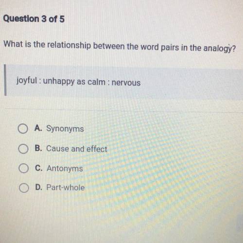 What is the relationship between the word pairs in the analogy?

joyful: unhappy as calm : nervous
