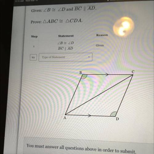 Geometry help plz!!

Given:Angle B is congruent to angle D and side BC||AD.
Prove: triangle ABC is