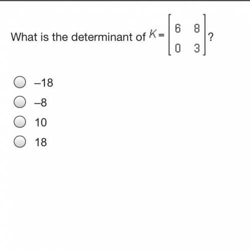 What is the determinant of K=[6 8 0 3]
–18
–8
10
18