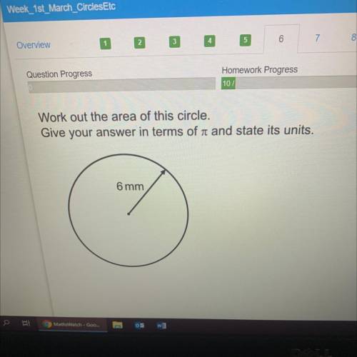 Work out the area of this circle.
Give your answer in terms of r and state its units.
6 mm