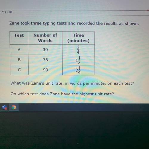 What was Zane's unit rate, in words per minute, on each test?

On which test does Zane have the hi