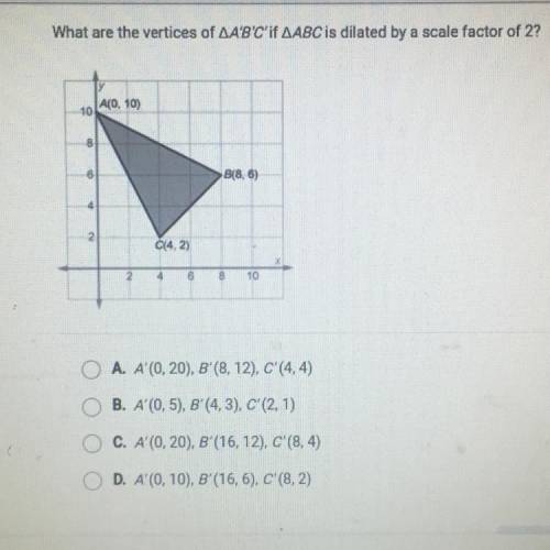 What are the vertices of AA'B'C'if AABC is dilated by a scale factor of 2?

A(O. 10)
10
8
8
B18.6)