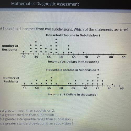 The dot plots represent household incomes from two subdivisions. Which of the statements are true?