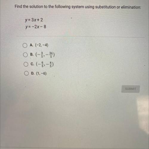 Find the solution to the following system using substitution or elimination:

y = 3x + 2
y=-2x - 8