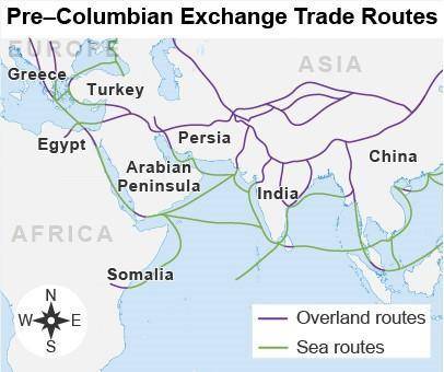 Compare the trade route maps.

Old Trade Routes
A map titled Pre-Columbian Exchange Trade Routes.