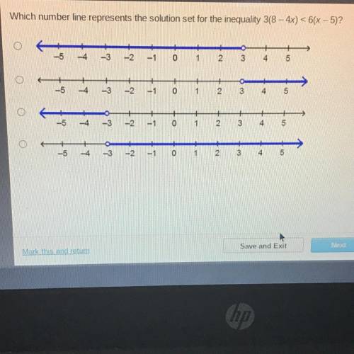 Which number line represents the solution set for the inequality 3(8 – 4x) < 6(x - 5)?