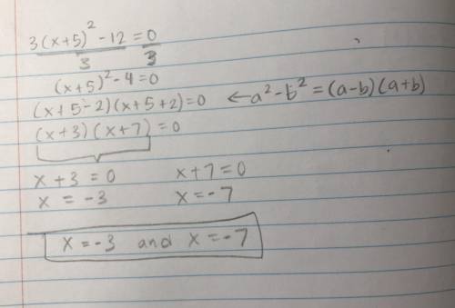 3(x+5)^2-12=0. What does x equal