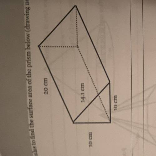 Use formulas to find the surface area of the prism below (drawing not to scale).