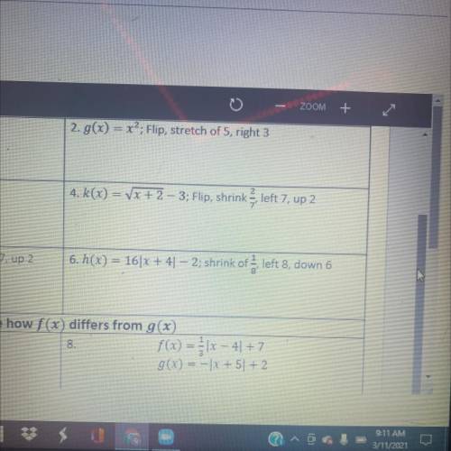 G(x) = x2; Flip, stretch of 5, right 3
I need help with 2- 8 ASAP and please?