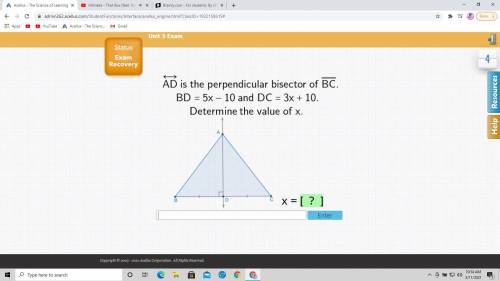 AD is the perpendicular bisector of BC. BD = 5x - 10 and DC = 3x + 10. Determine the value of x.