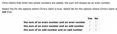 Chris claims that when two whole numbers are added, the sum will always be an even number.

Select