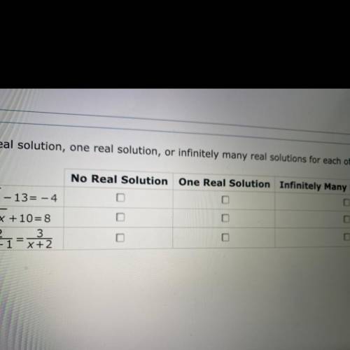 Select no real solution, one real solution, or infinitely many real solutions for each of the follo