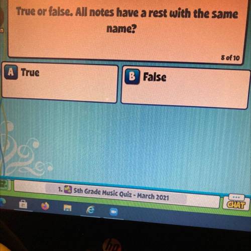Wth Grade Music Quiz

True or false. All notes have a rest with the same
name?
zoso
A True
B False