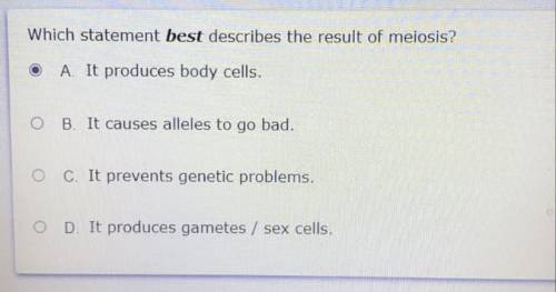 HELP PLEASE ! Which statement best describes the result of meiosis?

A. It produces body cells.
B.