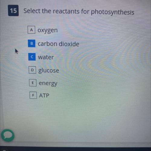 15

Select the reactants for photosynthesis
A oxygen
B carbon dioxide
c water
<
D glucose
E ene