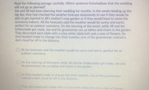 Read the following passage carefully. Which sentence foreshadows that the wedding

will not go as