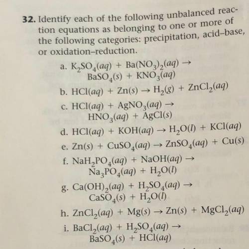 Identify each of the following unbalanced reaction equations as belonging to one or more of the fol