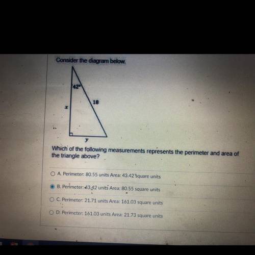 Which of the following measures represents the perimeter and area of the triangle above