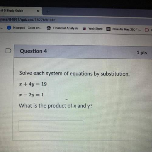 Solve each system of equations by substitution

x + 4y = 19
x - 2y = 1
What is the product of x an