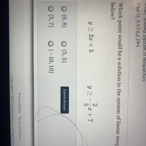 Which point would be a solution to the system of linear inequalities shown below