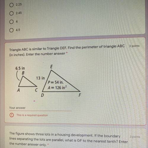 Triangle ABC is similar to Triangle DEF. Find the perimeter of triangle ABC (in inches) Enter the n